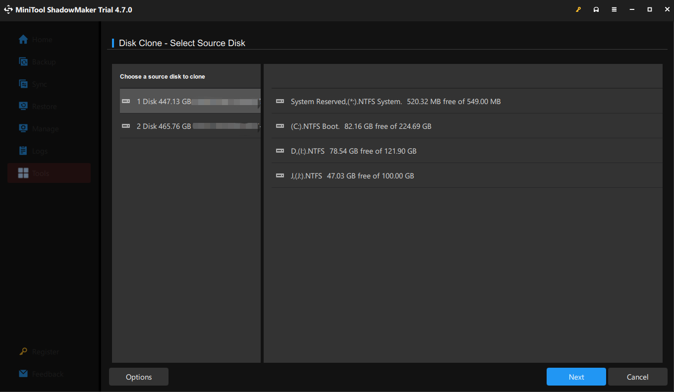 select the source disk in MiniTool ShadowMaker