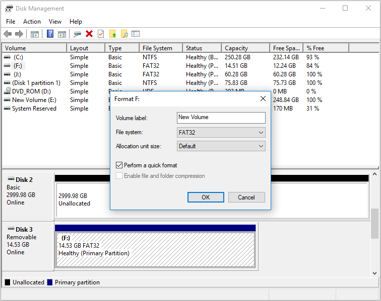 format the SD card in Disk Management