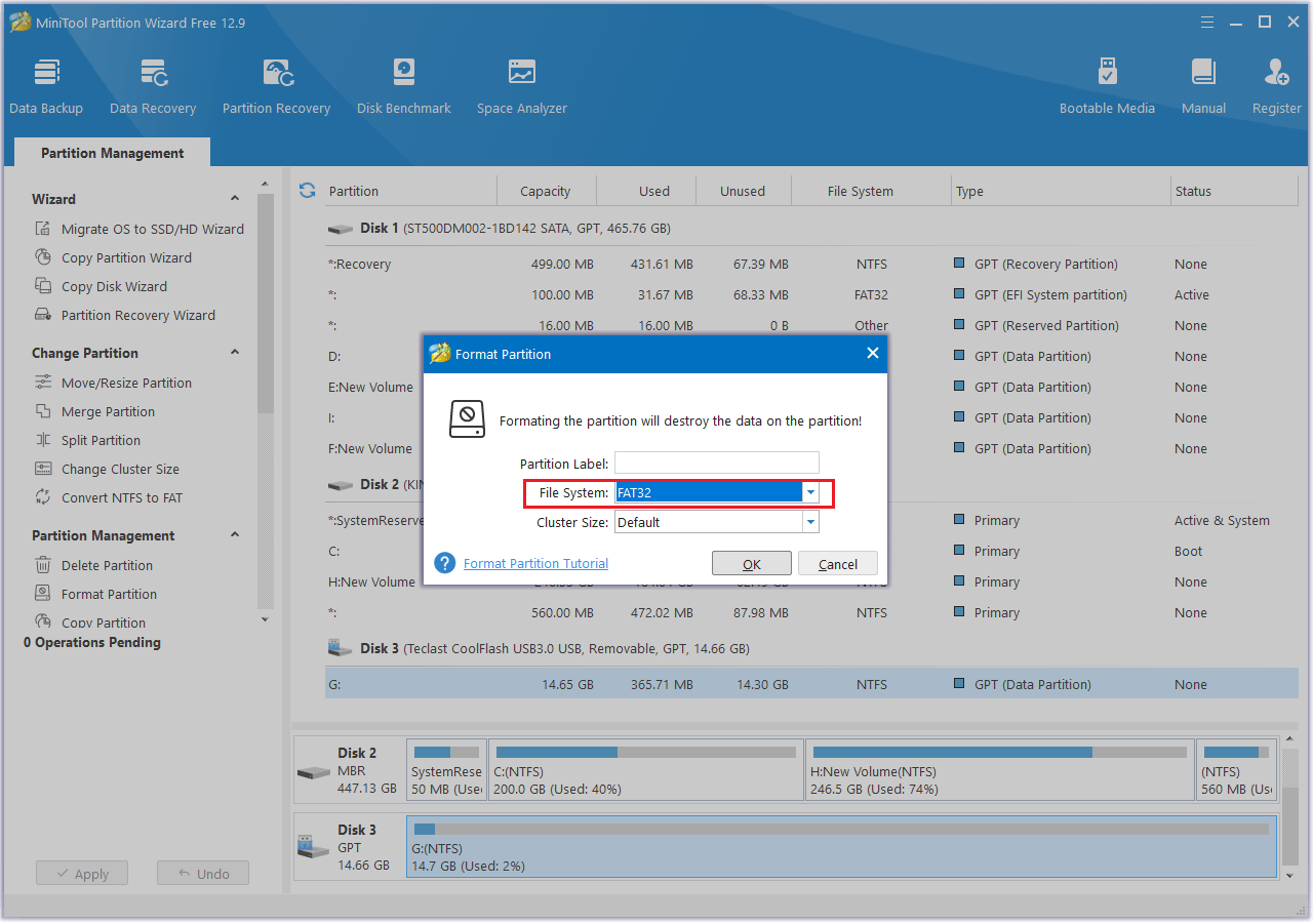 set the file system in MiniTool Partition Wizard