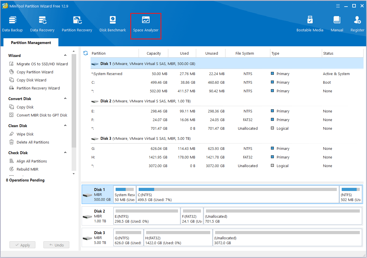 Cliquez sur Analyseur d'espace dans MiniTool Partition Wizard