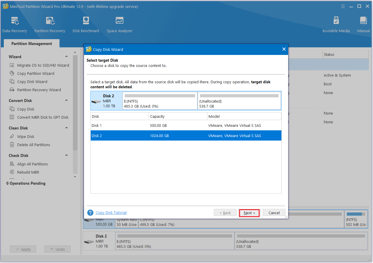 Sélectionnez un disque cible dans MiniTool Partition Wizard