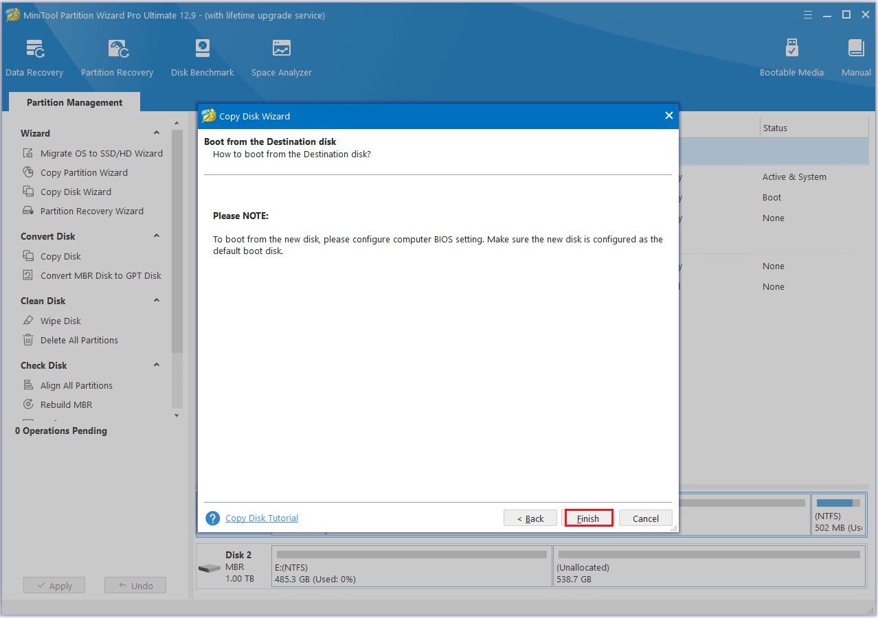 Cliquez sur Terminer dans MiniTool Partition Wizard