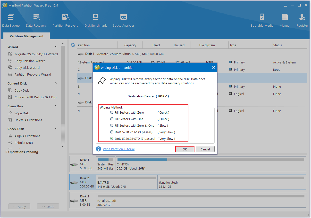 Cliquez sur Effacer le disque dans MiniTool Partition Wizard