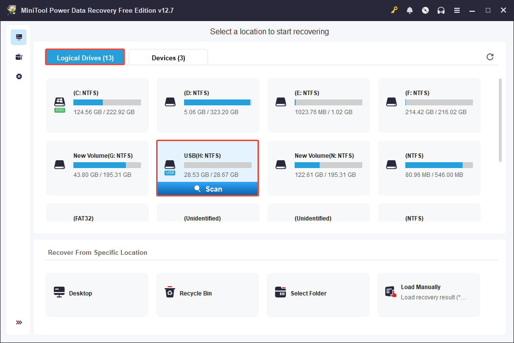 The main interface of MiniTool Power Data Recovery with the Logical Drives and the Scan button selected.