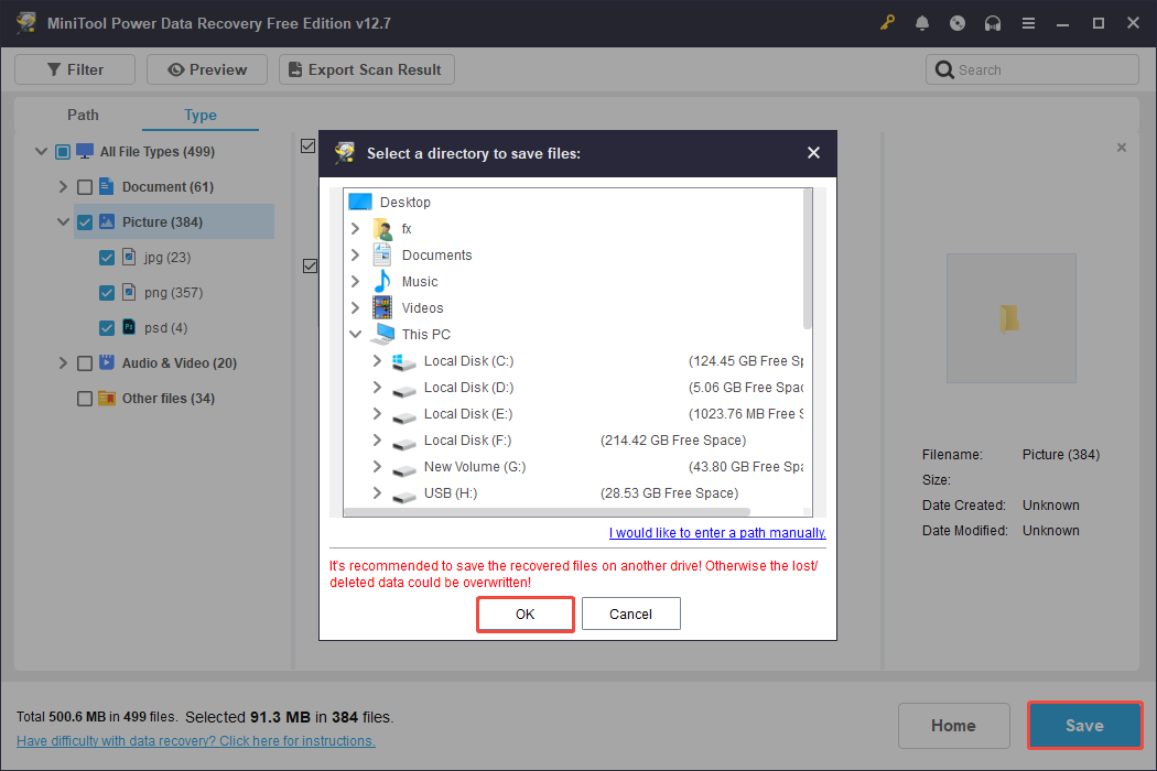 The save interface of MiniTool Power Data Recovery showing a list of directories to save recovered files.
