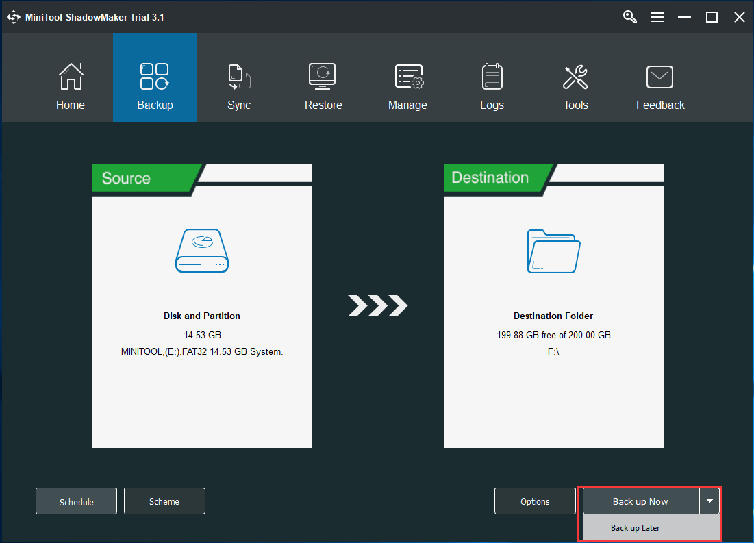 click Back up Now to perform USB backup immediately