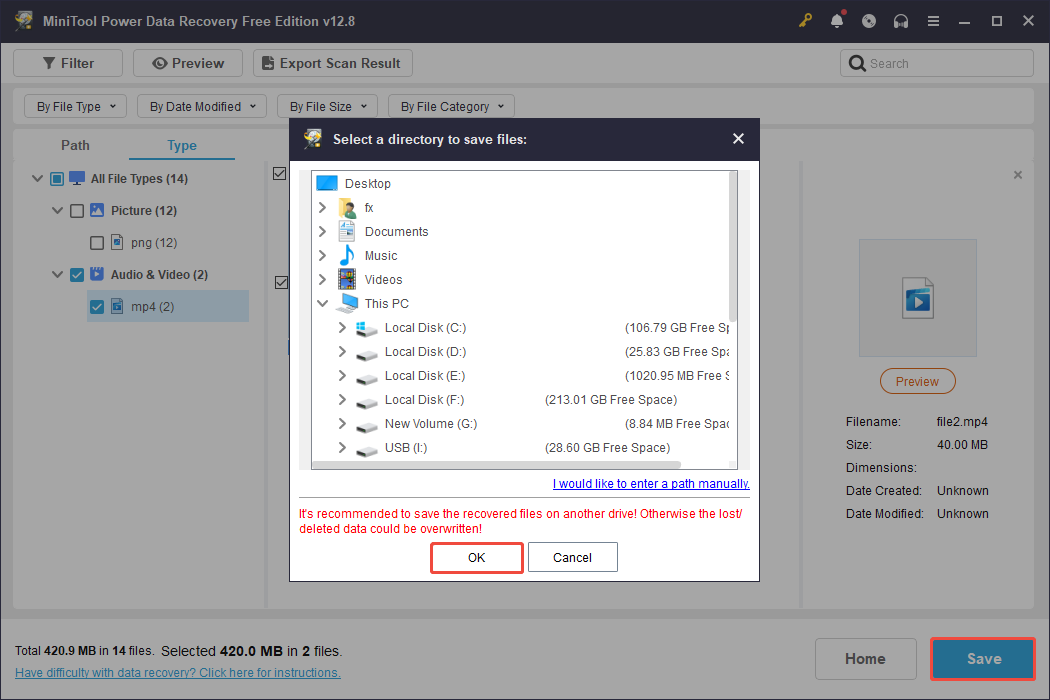 MiniTool Power Data Recovery interface showing the save location window, with the Save and OK buttons selected.