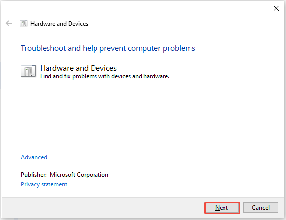 The Hardware and Devices interface showing the Windows hardware troubleshooter, with the Next button selected.