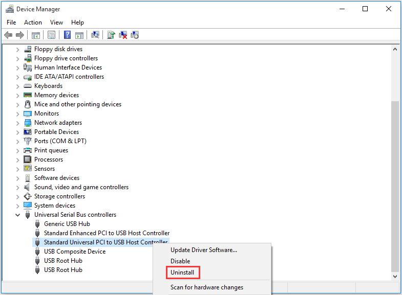 uninstall USB controllers