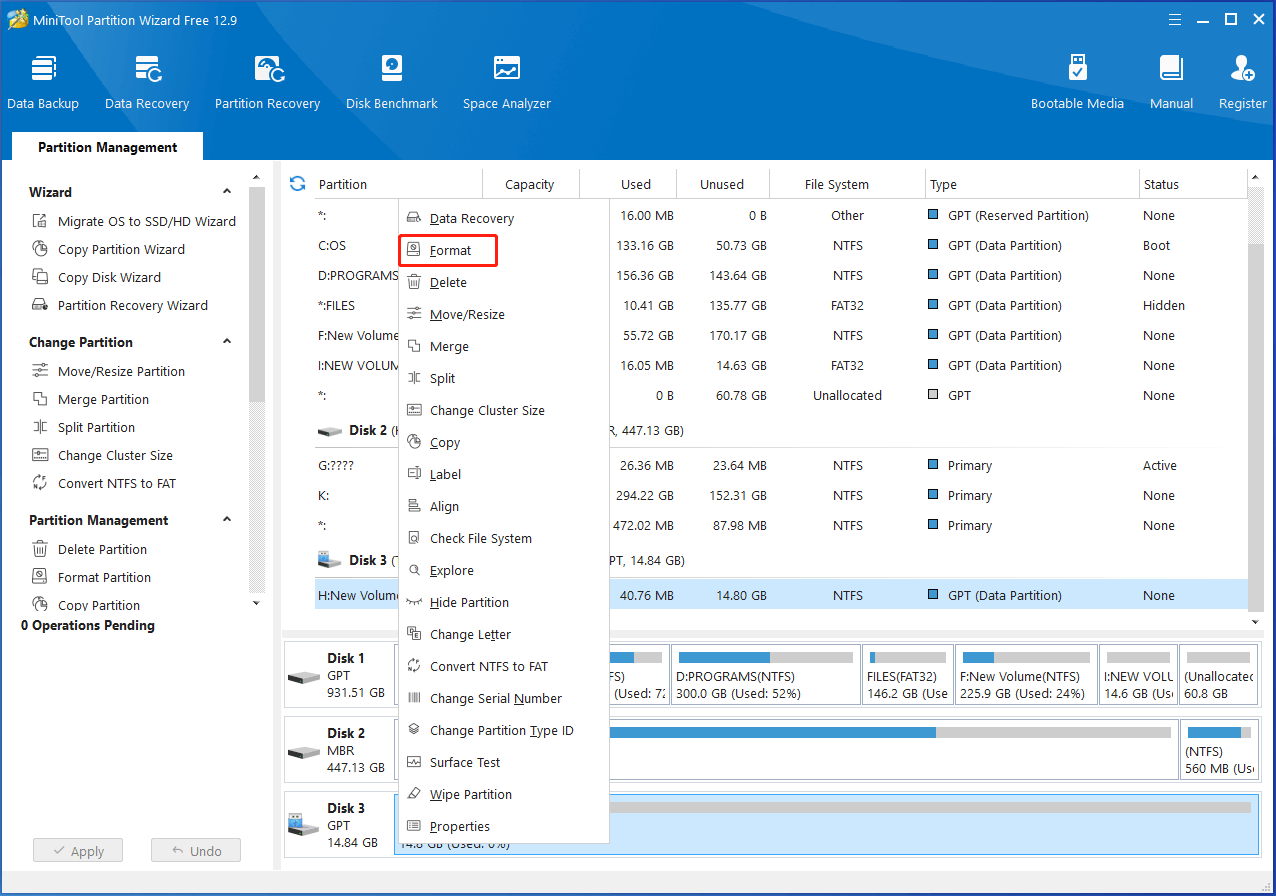select the USB drive and hit Format in Partition Magic