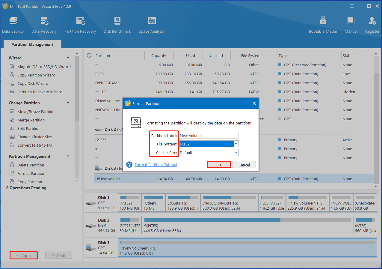configure formatting parameters and let Partition Magic execute the operation