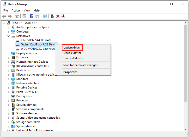 update the USB driver in Device Manager