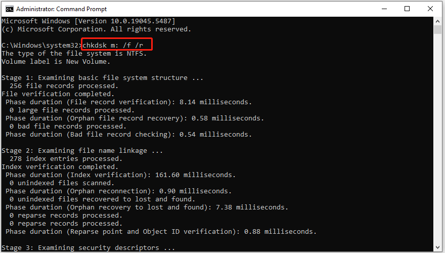 type and run CHKDSK command to scan and fix file system errors on the USB drive