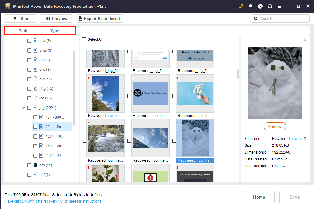 Afficher les fichiers par chemin et type dans MiniTool Power Data Recovery.