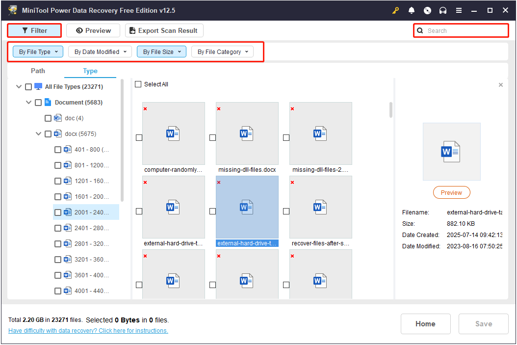 Utiliser les filtres et la recherche pour affiner la recherche de fichiers dans MiniTool Power Data Recovery.