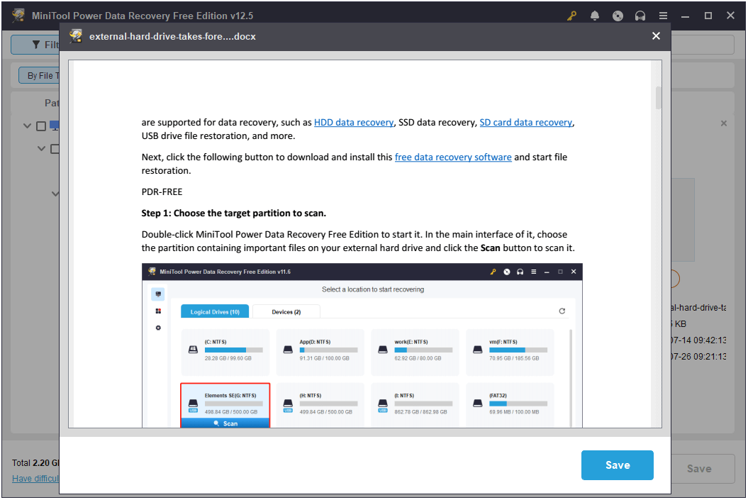 Prévisualiser un document Word dans MiniTool Power Data Recovery.