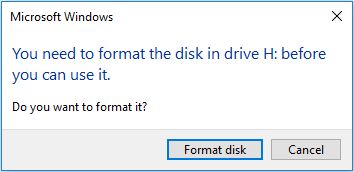 the error message saying you need to format the disk to use it