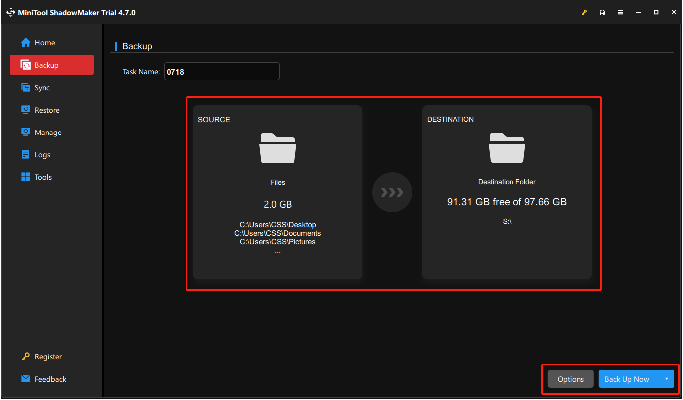 back up files in MiniTool ShadowMaker