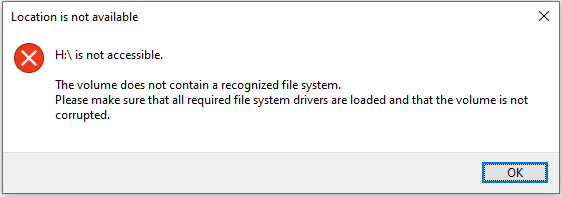 the volume does not contain a recognized file system error message