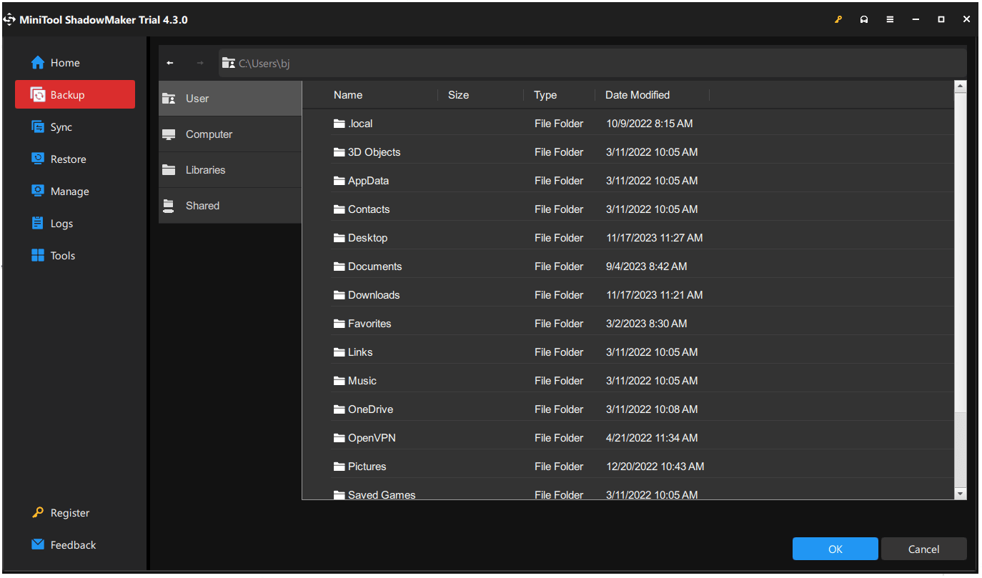 choose your backup destination