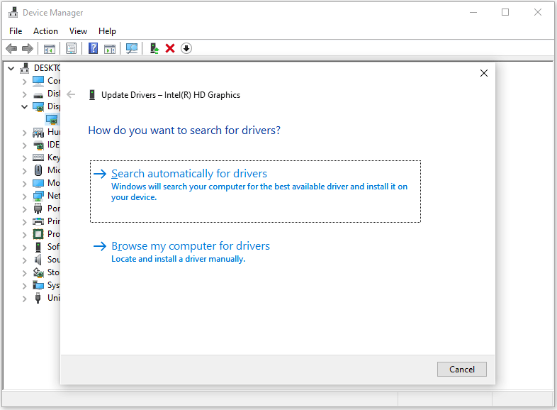 The Search automatically for drivers option selected in the Device Manager window.