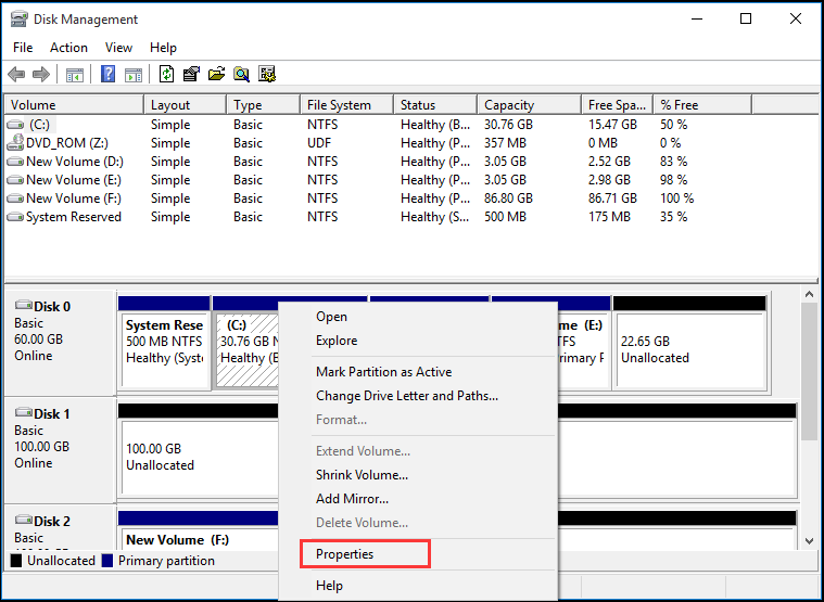 choose the system disk and choose the Properties
