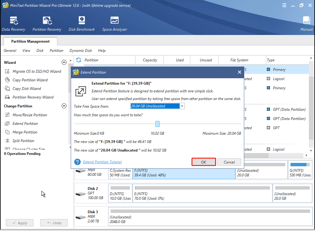choose the partition to take free space and decide how much free space to take