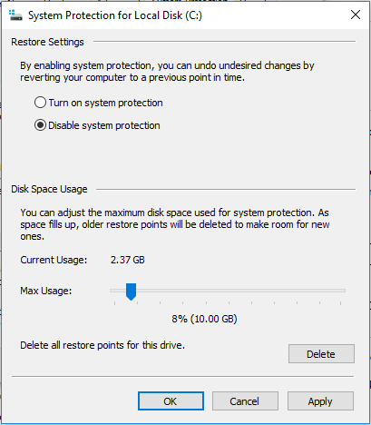 disable system protection
