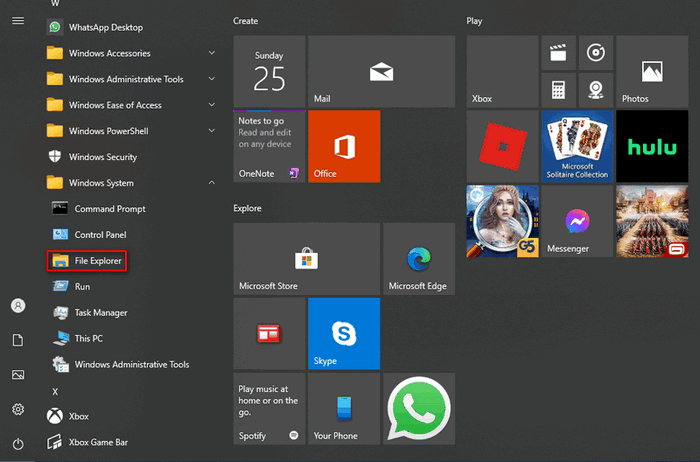 From Start menu