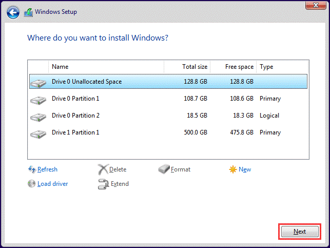 choose the Unallocated Space