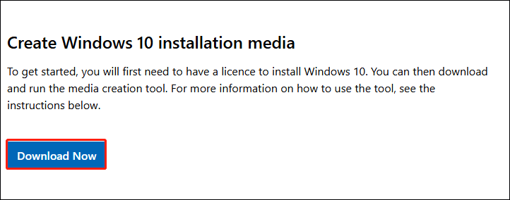 click Download Now under Create Windows 10 installation media