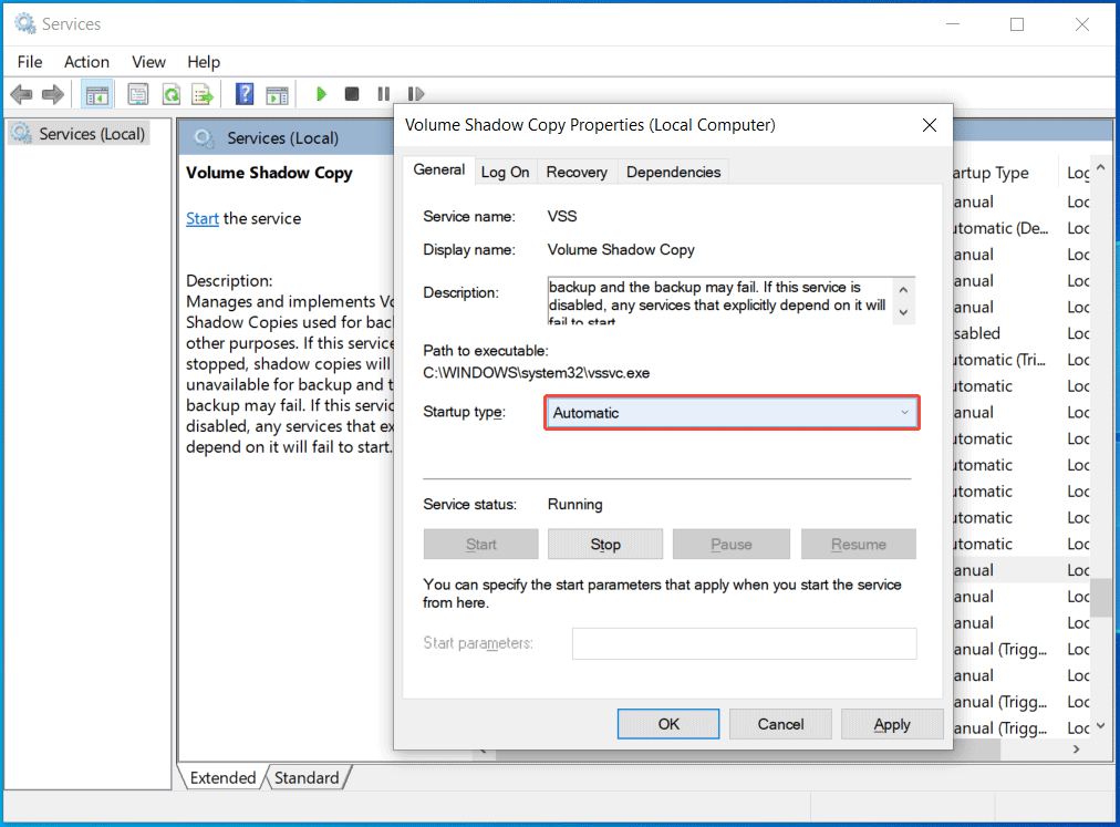 start Volume Shadow Copy service 