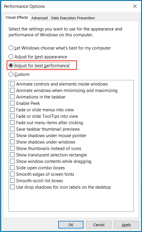 The Visual Effects interface with the selected Adjust for best performance.