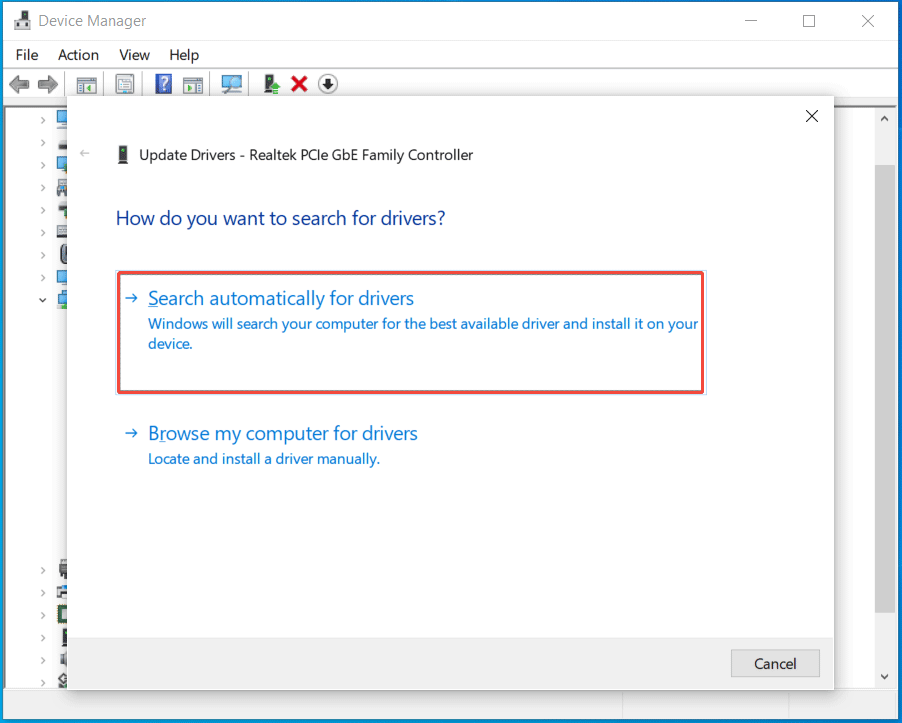 The Device Manager window with selected Search automatically for drivers to update a driver.