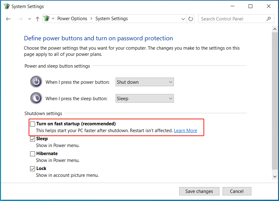 The Power Options window with disabled fast startup.