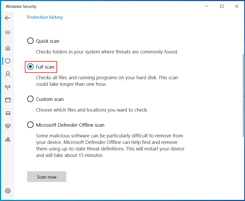 The Windows Security window with selected Full scan to scan all files and running programs.