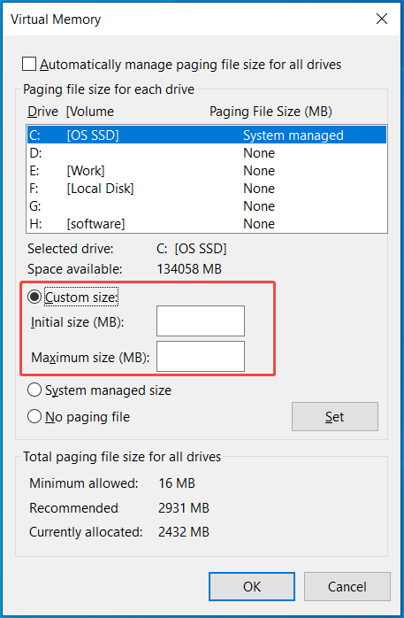 The Virtual Memory interface to custom initial and maximum size.