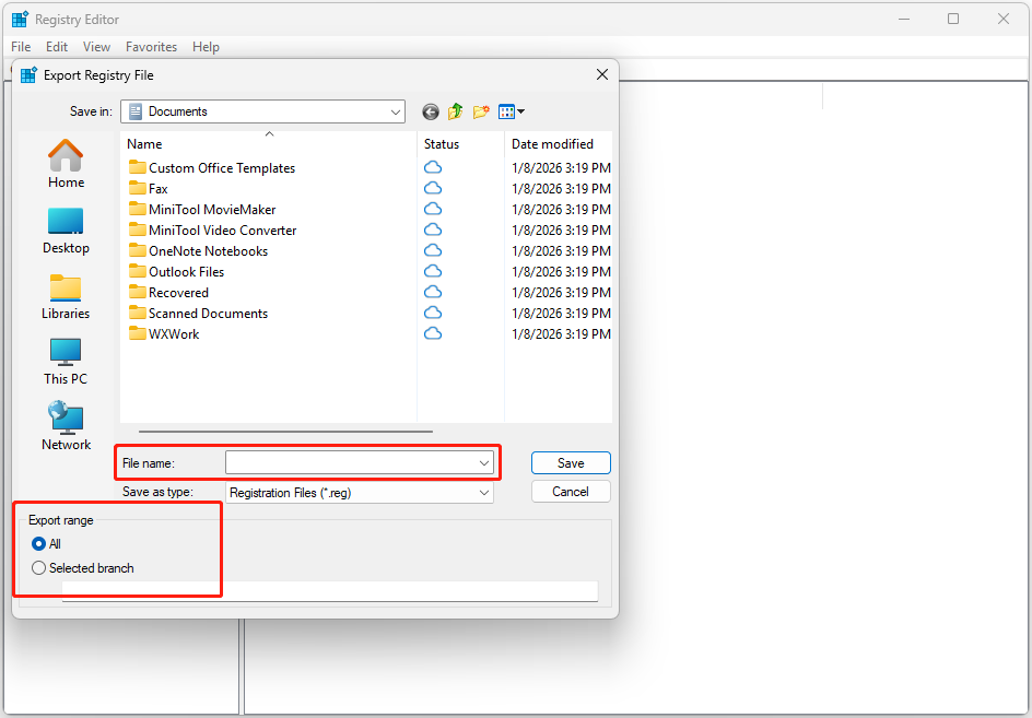 The interface of the Export Registry File window with selected Export range and File name box.