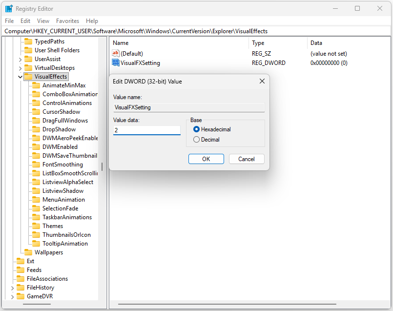The interface of Registry Editor with highlighted VisualFXSetting and its editing window.