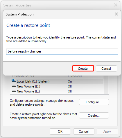 The Create a restore point window of System Properties with restore point description and selected Create.