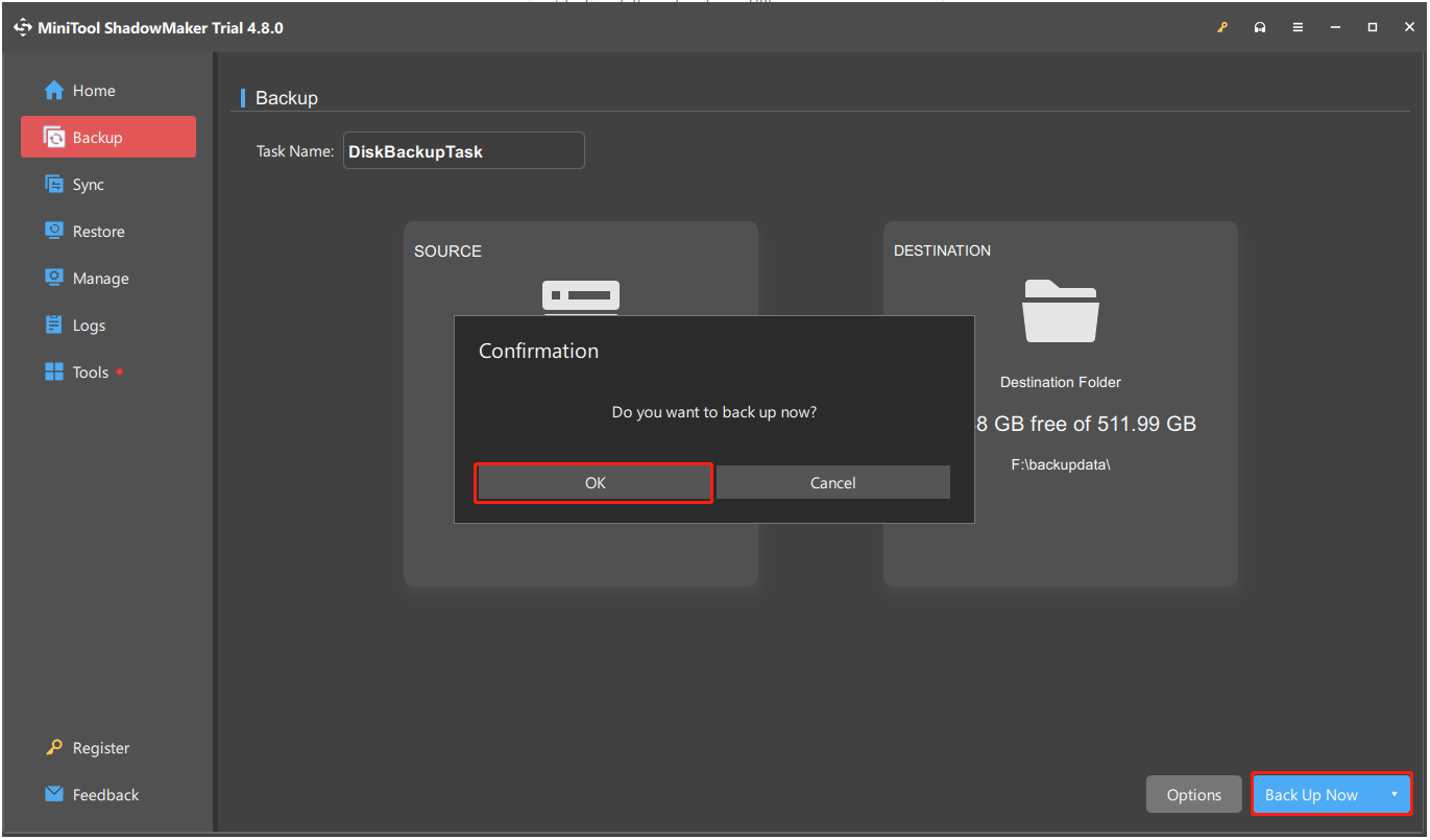 The interface of MiniTool ShadowMaker with selected Back Up Now and OK.
