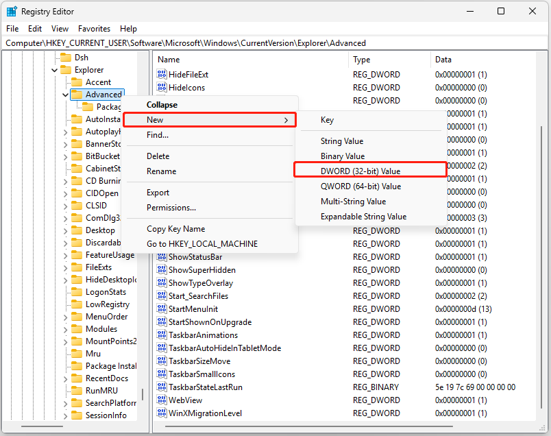 The interface of Registry Editor with highlighted Advanced and select New and DWORD (32-bit) Value.