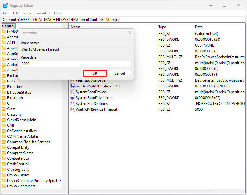 The Edit String window of WaitToKillServiceTimeout in Registry Editor with 2000 in the Value data box and selected OK.