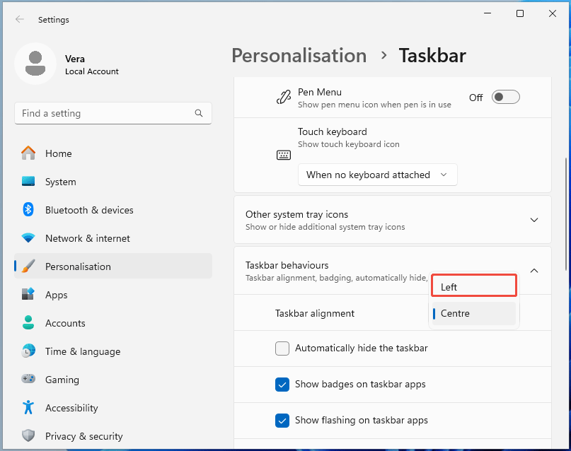 The Taskbar page in Settings to set taskbar alignment to left.