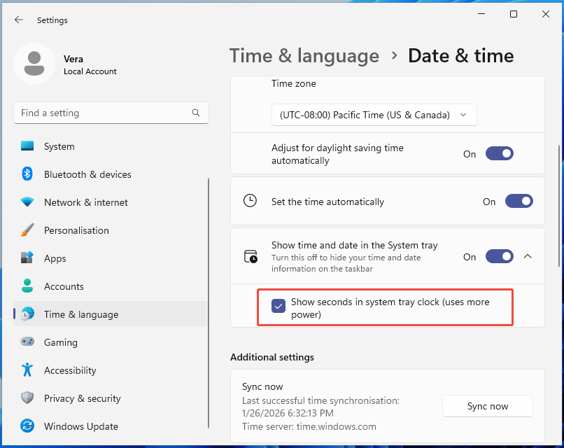 The Date & time window in Settings to show seconds in the Windows clock.