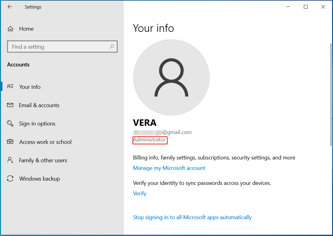 The Accounts page in Windows 10 settings to check if the account right is admin.