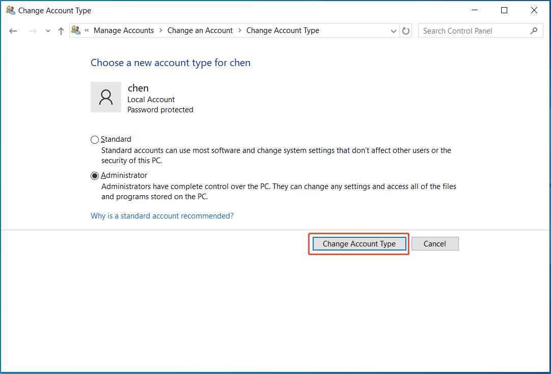 The Change Account Type window in Control Panel with the chosen administrator.
