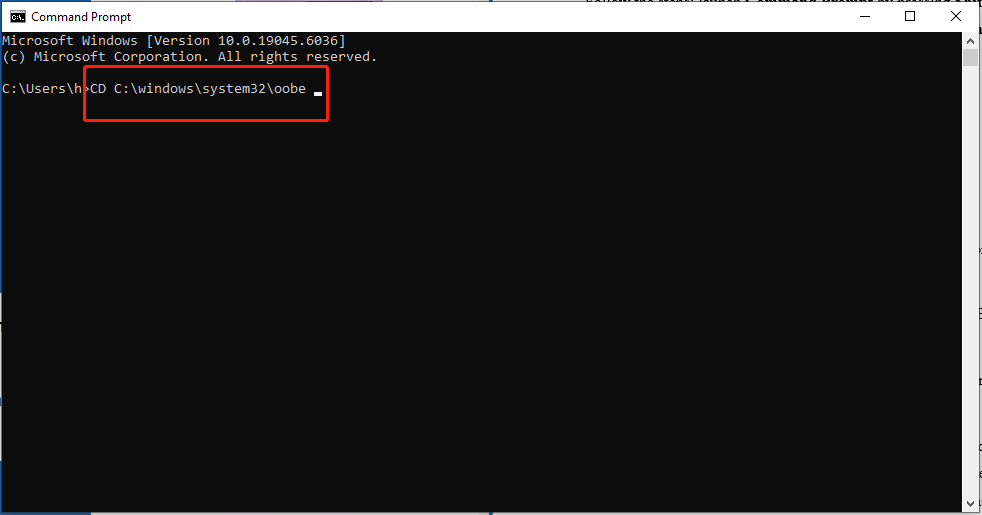 enter the CD C:\windows\system32\oobe command