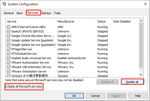 set Services settings