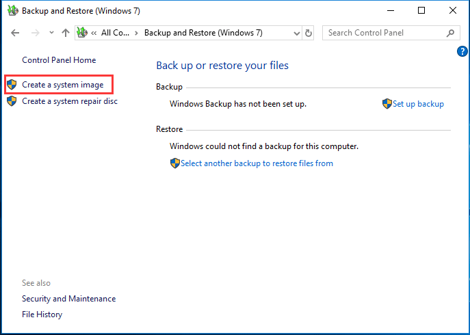 click create a system image